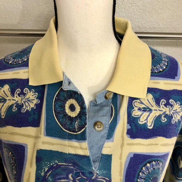 Cute Oversized 90s 2-Button Teal and Blue Pattern Golf Shirt - Size S (Fits XL) - Picture 5 of 10